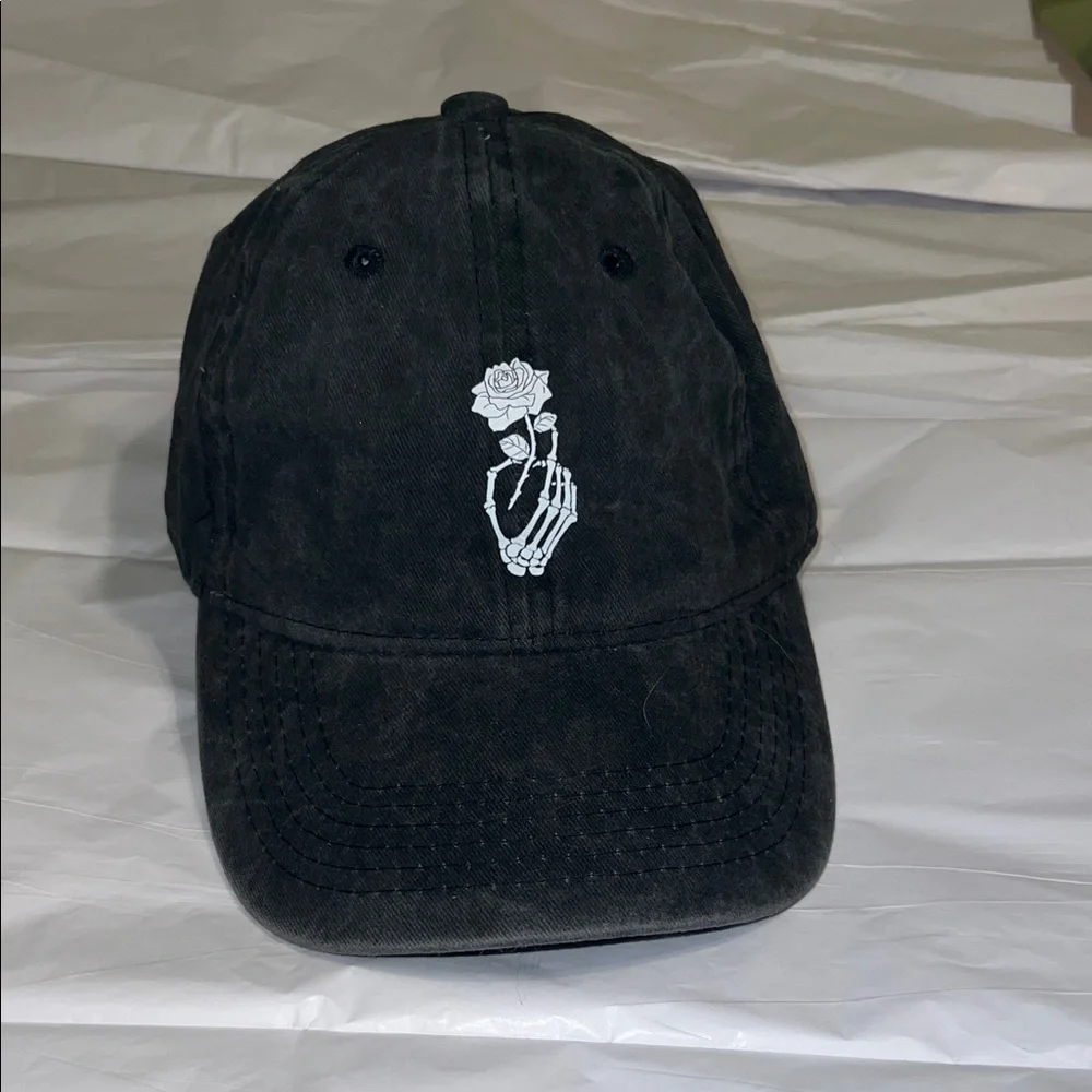 Charcoal washed style Skeleton Hand and Rose Embroidered Cap - Picture 1 of 3